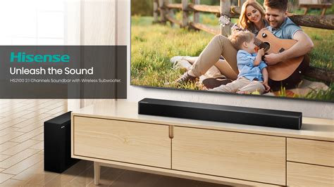 Hisense HS2100 SOUNDBAR; 2.1 CH Soundbar with Wireless Subwoofer; Power out : 30W x 2+60W=120W; AUX IN (3.5mm); LED Display; Bluetooth streaming; RCA & Optical Input; HDMI ARC(input) x 1; USB playback; Dolby Digital; Wall Mountable